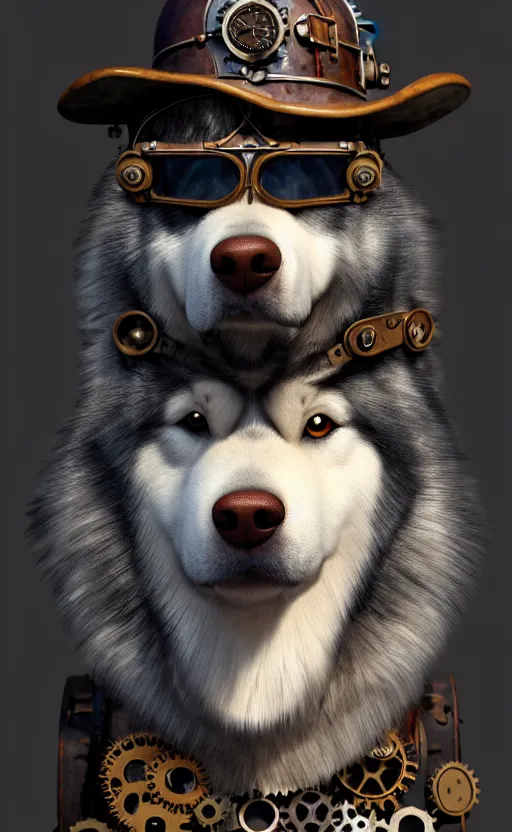 Prompt: hyper realistic ultra - detailed portrait of alaskan malamute face, steampunk hat with goggles and gears, upper body, detective coat, sharp focus, illustration, fantasy style, octane render, volumetric lighting, 8 k high definition, by greg rutkowski, highly detailed, trending on art station