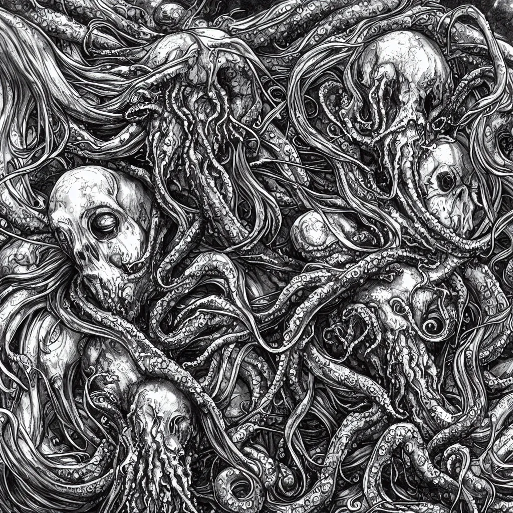 Prompt: close-up macro portrait of a Cthulhu versus the kraken and other fantastical sea creatures, epic angle and pose, ribcage bones, tenticles, symmetrical artwork, lots of eyes 3d with depth of field, blurred background, cybernetic jellyfish female face skull phoenix bird, translucent, nautilus, energy flows of water, bubbles, a highly detailed epic cinematic battle concept art CG render. made in Maya, Blender and Photoshop, octane render, excellent composition, beautiful colour, high contrast, vignette cinematic dystopian brutalist atmosphere, dynamic dramatic cinematic lighting, aesthetic, very inspirational, arthouse. Greg Rutkowski, Ilya Kuvshinov, WLOP, Stanley Artgerm Lau, Ruan Jia and Fenghua Zhong