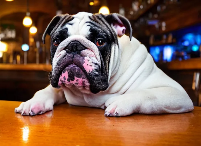 Image similar to a closeup, 4 5 mm, detailed photograph of a english bulldog drinking a beer on a bar - stool, sitting at a bar on a bar - stool, beautiful low light, 4 5 mm, by franz lanting