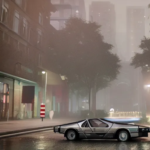 Image similar to hyperdetailed, photorealistic photograph of a dmc 1 2 delorean driving in the streets, rain, night, dense fog, hd, unreal engine 5