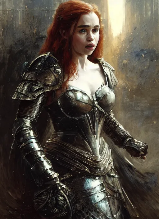 Image similar to happy redhead emilia clarke wearing shiny black medieval armour, detailed, by gaston bussiere, bayard wu, greg rutkowski, giger, maxim verehin, greg rutkowski, masterpiece, sharp focus, cinematic lightning