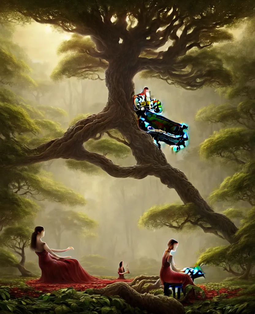 Image similar to woman playing a piano sitting on a giant tree, very detailed, 8k, maximized, ornate, masterpiece, complex, by Greg rutkowski, Alex Gray, surrounded by smoke