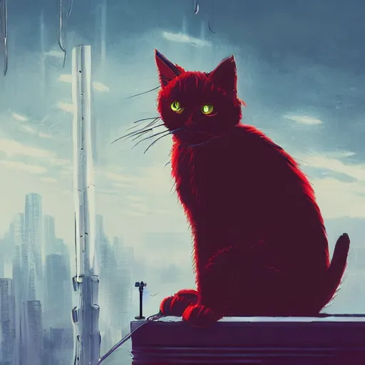 Image similar to a red cat sitting on steel beam high above the ground, cyberpunk, bladerunner, futuristic, studio ghibli, anime, smooth, trending on artstation