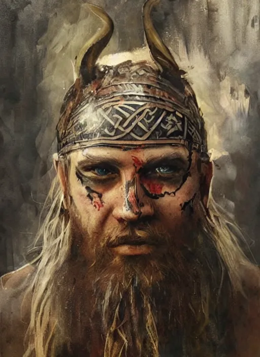 Image similar to portrait painting of viking berserker with celtic face tattoos by jeremy mann, only one head single portrait