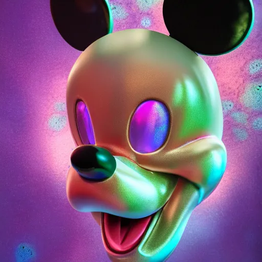 Image similar to mickey mouse head, fractal, broken, psychedelic, wet, mycelium, radiant alien, rococo, baroque, automotive, bio-mechanical, porcelain, iridescent, sub surface scattering, octane render