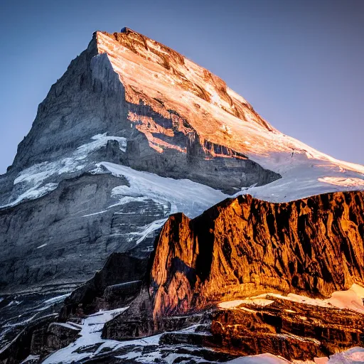 Image similar to the Eiger north face with a bright light beam shining straight up into the sky