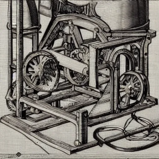 Image similar to really weird obnoxious complex machinery, in renaissance style, da vinci drawing style