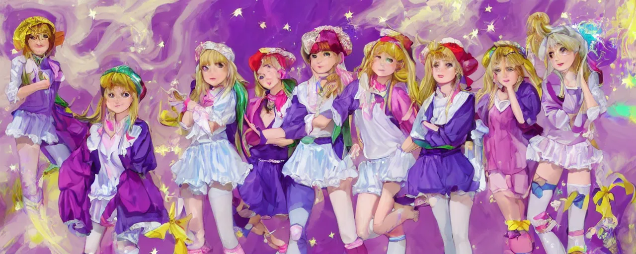 Prompt: A character sheet of full body cute magical girls with short blond hair wearing an oversized purple Beret, Purple overall shorts, Short Puffy pants made of silk, pointy jester shoes, a big billowy scarf, and white leggings. Rainbow accessories all over. Flowing fabric. Golden Ribbon. Covered in stars. Artist Clothes. Painter Clothes. Short Hair. Art by william-adolphe bouguereau and Paul Delaroche and Alexandre Cabanel and Lawrence Alma-Tadema and WLOP and Artgerm. Fashion Photography. Decora Fashion. harajuku street fashion. Kawaii Design. Intricate, elegant, Highly Detailed. Smooth, Sharp Focus, Illustration Photo real. realistic. Hyper Realistic. Sunlit. Moonlight. Dreamlike. Surrounded by clouds. 4K. UHD. Denoise.