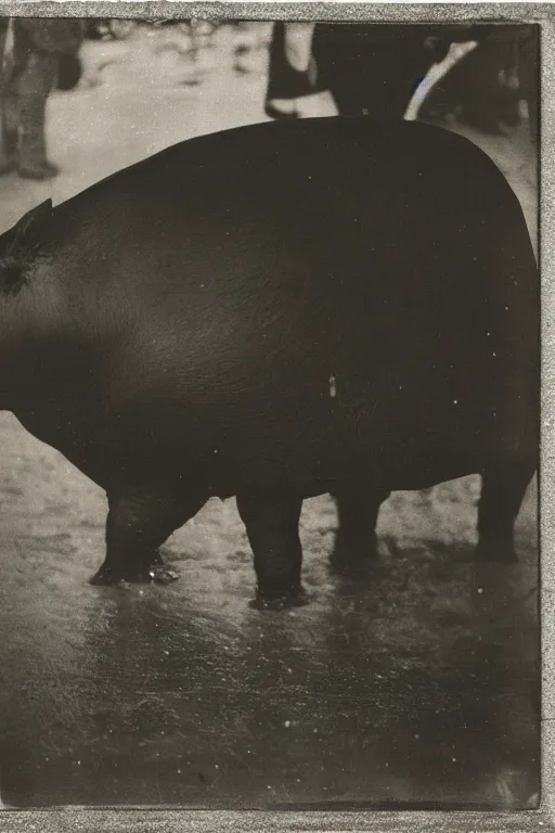 Prompt: a wet plate photo of huge black pig in a parade