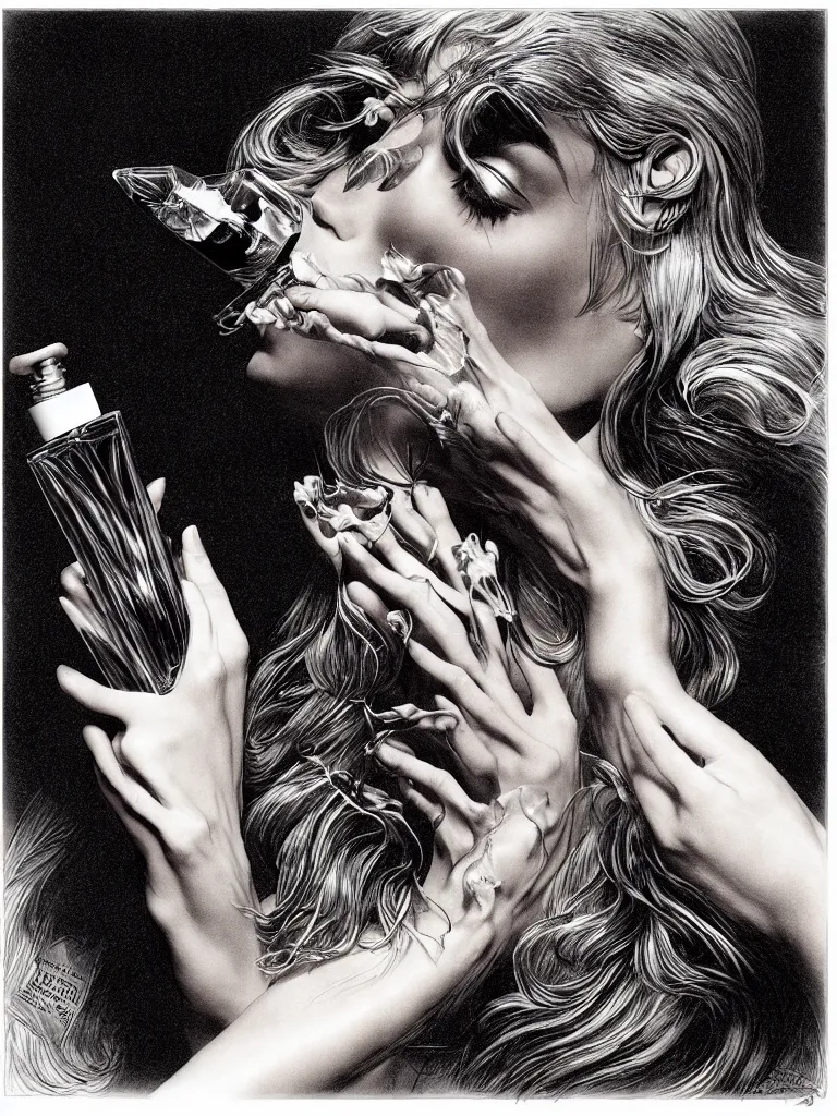 Image similar to fragrance advertising campaign by bernie wrightson, highly detailed