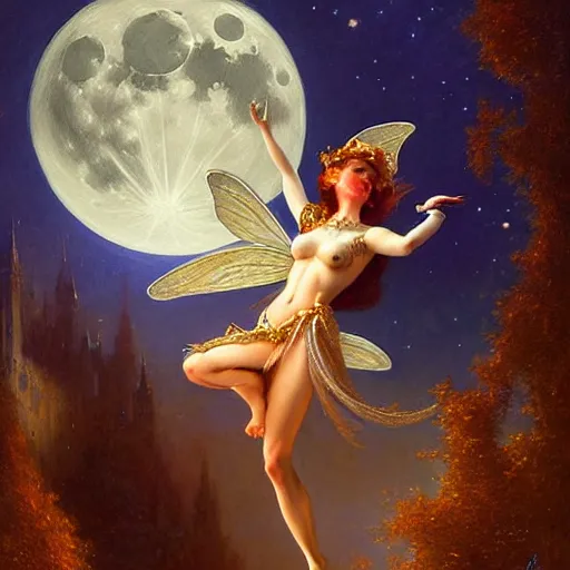 Image similar to attractive fairy magically floating high in the night, fantasy, full moon in background. highly detailed painting by gaston bussiere, craig mullins, j. c. leyendecker, sharp focus, 8 k