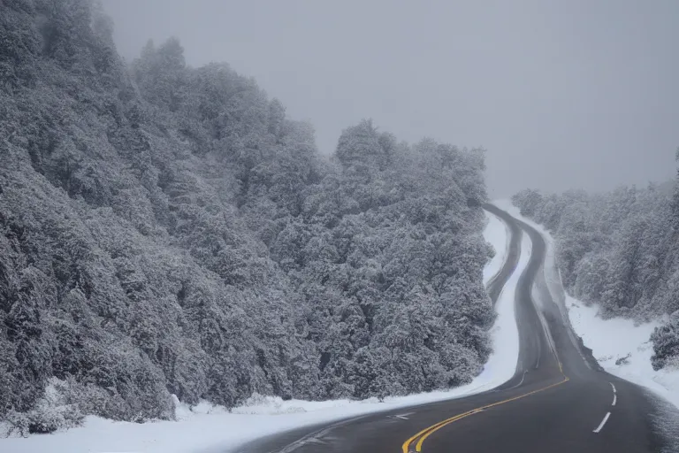 Image similar to a dangerous winding road route on an icy snowy cliff, blizzard, photo