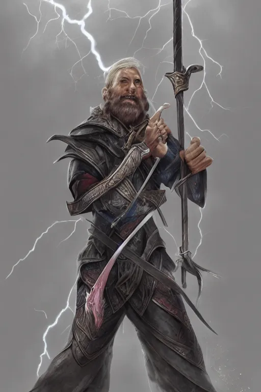 Image similar to wizard holding a sword that’s pointed towards the sky, getting shocked by lightning, octane, trending on artstation, hyper realistic, highly detailed