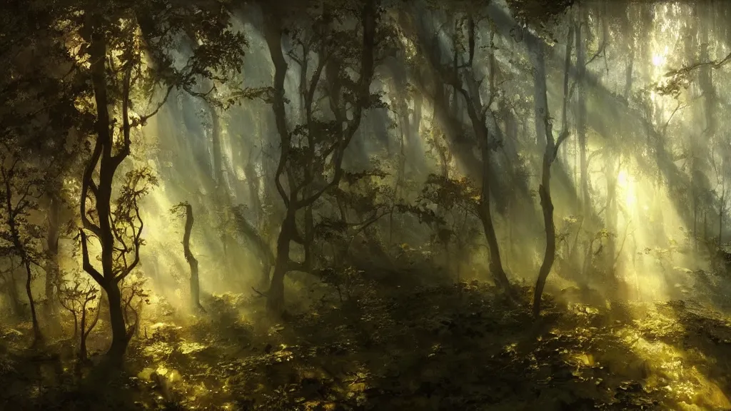 Image similar to A Craig Mullins oil painting of a hauntingly beautiful elven forest in the morning; rays of light coming through the canopy; trending on artstation; extraordinary masterpiece!!!!!!; 8k