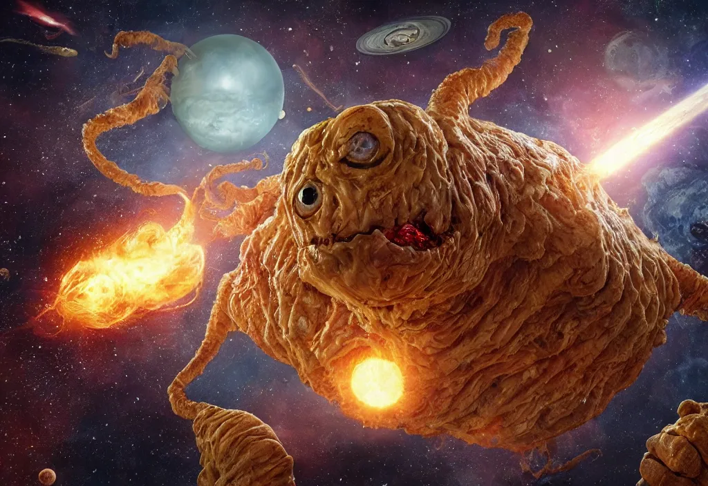 Image similar to eldritch horror bloody garfield in space, hd, 8 k, giant, epic, realistic photo, unreal engine, prophecy, powerful, cinematic lighting, destroyed planet, debris, violent, sinister, ray tracing, dynamic, epic composition, dark, horrific, teeth, grotesque, monochrome drawing, hellscape, corpses, foreboding, lightning, garfield cartoon eyes