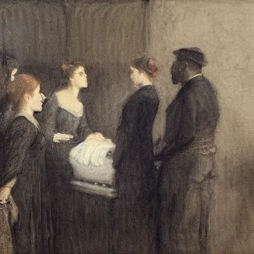 Image similar to a young woman and five man attending a funeral, by alfred stevens, charcoal