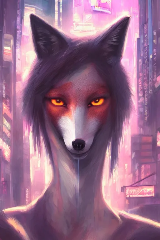 Image similar to beautiful portrait of a tall female anthro fox smoking a cigarette white standing head and shoulders taller than the bustling crowd of a rainy city street, cyberpunk, harsh neon lights, highly detailed, sharp focus, digital painting, illustration, trending on artstation, art by sakimichan, artgerm