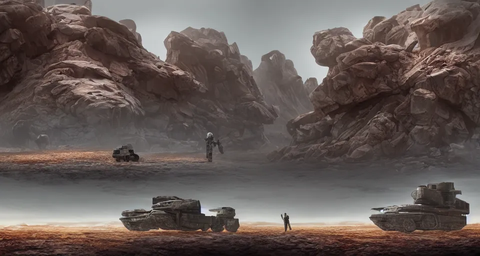 Prompt: alien red desert, foreground giant Fluorite art deco crystals out of the ground, Nordic rocky desert environment, background grey troopers and bounty hunters standing near their huge sci-fi futuristic tank | 35mm | arch viz , Matte painting, octane render, 8k, corona render, movie concept art, bio-luminescence, liquid, mist, caustics, epic mood, cinematic, hyper detailed, insanely detailed and intricate, portrait, hyper maximalist, cinematic, octane render, colorful redshift render, 8k