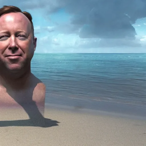 Image similar to hyperrealistic mixed media image of alex jones from info wars posing on a beach wearing a tutu, stunning 3 d render inspired art by istvan sandorfi and greg rutkowski, perfect facial symmetry, realistic, highly detailed attributes and atmosphere, dim volumetric cinematic lighting, 8 k octane extremely hyper - detailed render, post - processing, masterpiece,