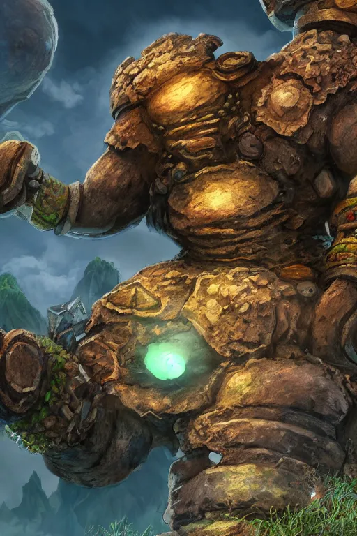 Image similar to zelda fantasy art giant golem troll wood rock greeble gemstone, global illumination ray tracing hdr fanart arstation by sung choi and eric pfeiffer and gabriel garza and casper konefal