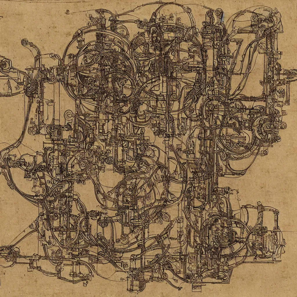 Image similar to davinci schematic of an intricate machine that turns water into wine, 8 k