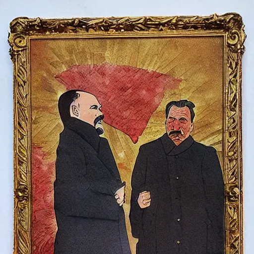 Prompt: lenin and stalin. this watercolor and gold leaf work by the award - winning mangaka has a beautiful composition and intricate details