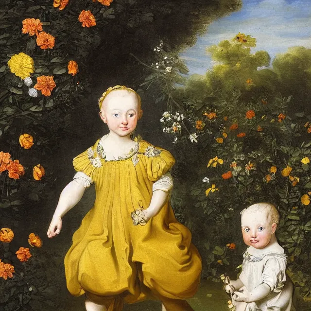 Image similar to a painting of flowers in a garden at night, blond baby with gray eyes with a blue scarf yellow t - shirt, a flemish baroque by jan van kessel the younger, intricate high detail masterpiece