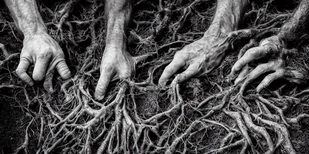 Image similar to ego perspective photography of own hands, rotting, getting overgrown by roots, forest, dolomites, alpine, detailed intricate insanely detailed octane render, 8k artistic 1920s photography, photorealistic, black and white, chiaroscuro, hd, by David Cronenberg, Raphael, Caravaggio