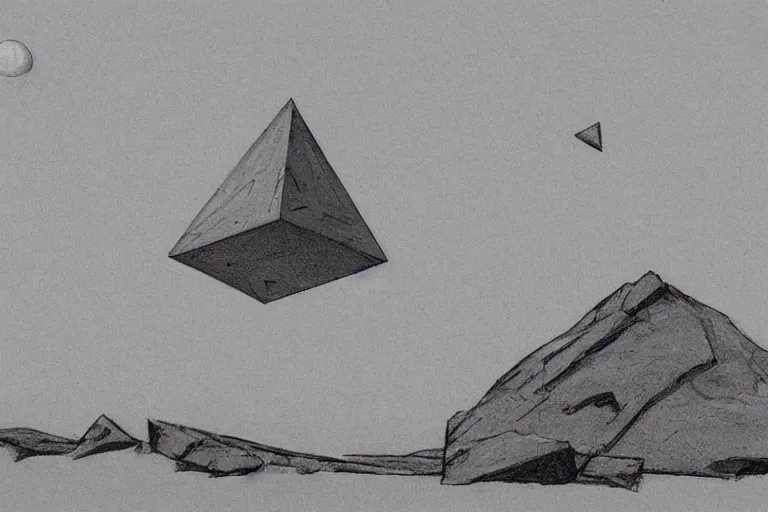 Image similar to giant stone octahedron floating above the desert concept sketch by joe johnston and nilo rodis - jamero and ralph mcquarrie and norman reynolds