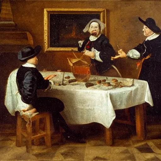 Image similar to Dutch oil painting from the 1600s, bitcoins on a table