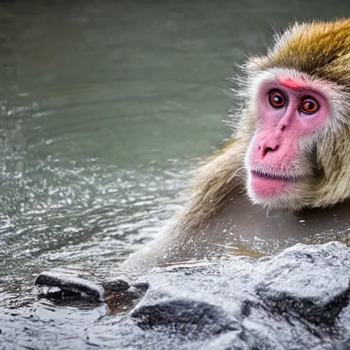 Image similar to japanese macaque bathing in a hot spring, winter, nature photography