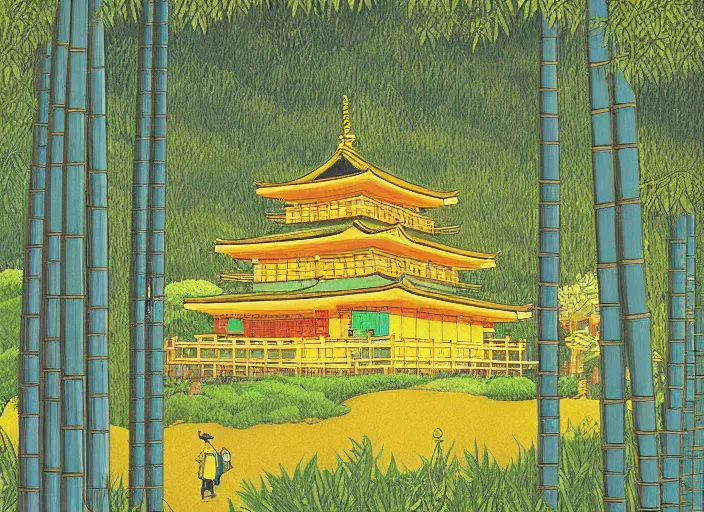 Prompt: japanese yellow fortress in a city inside the bamboo forest by studio ghibli painting