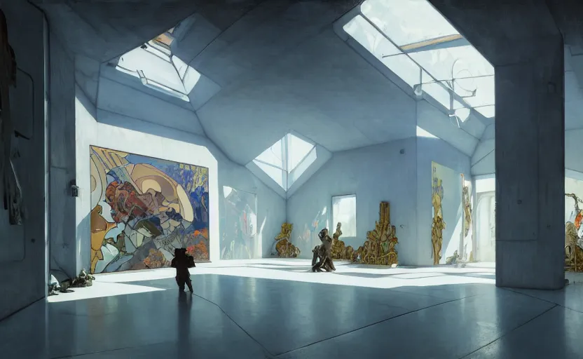 Image similar to painting of interior shot of a white concerete brutalist contemporary art museum by darek zabrocki and greg ruthkowski, alphonse mucha, simon stalenhag and cinematic and blue cold atmospheric, archillect concept art, artstation, trending on artstation