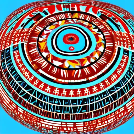 Image similar to a giant floating sphere covered in canadian aboriginal patterns