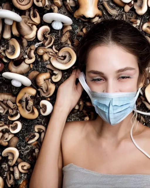 Image similar to beautiful model wears a breathing mask while scrubbing the floor of of room covered in Mushrooms, and indigo house mice, photorealistic and surreal