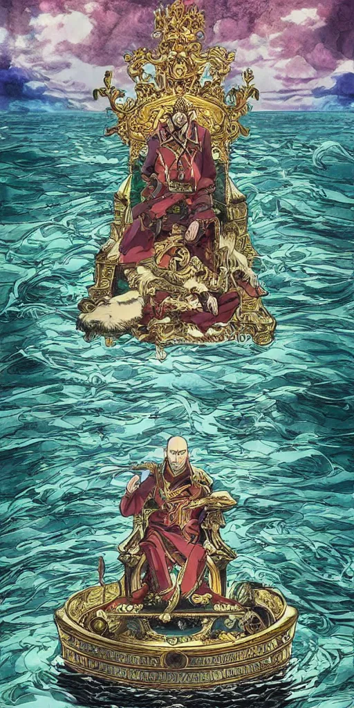 Image similar to a lone emperor sitting on a emerald throne floating on water in the middle of a lake drawn by Makoto Yukimura in the style of Vinland saga anime, full color, detailed, psychedelic, Authority, structure, a father figure