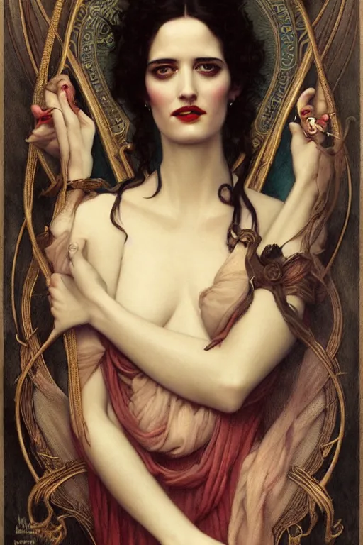 Image similar to Eva Green by Tom Bagshaw in the style of Gaston Bussière, art nouveau