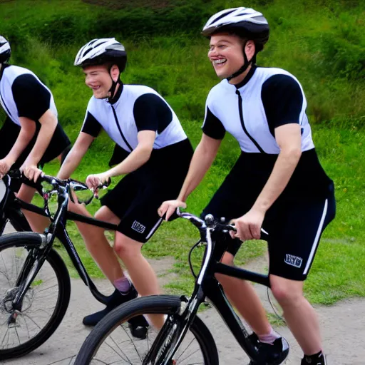 Prompt: sports photo of mormon missionaries riding bikes