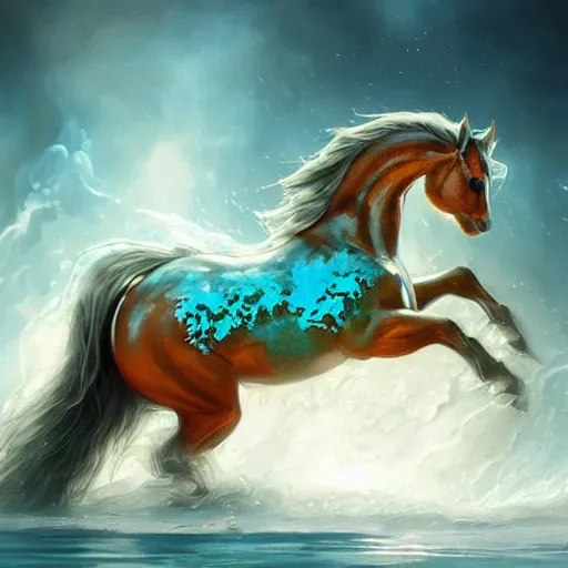 Image similar to a fantastical translucent small turquoise horse made of water, liquid, fluid and foam, ethereal, noble, radiant, hyperalism, scottish folklore, digital painting, artstation, concept art, smooth, 8 k frostbite 3 engine, ultra detailed, art by artgerm and greg rutkowski and magali villeneuve