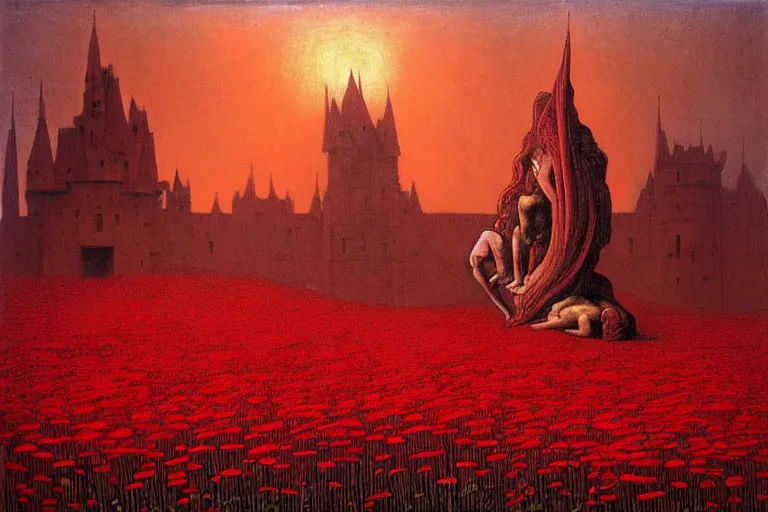 Image similar to only with red, red flowers of different types, a red tiger, a castle in the background, medieval demons dance over the flowers, an ancient path, in the style of beksinski, part by hopper, part by rodcenko, part by hofbauer, intricate composition, red by caravaggio, insanely quality, highly detailed, masterpiece, red light, artstation