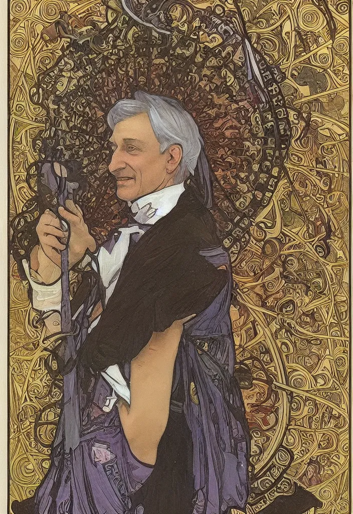 Image similar to realistic white - haired geoffrey hinton in a crown with neural networks on a tarot card, tarot in art style by alphonse mucha