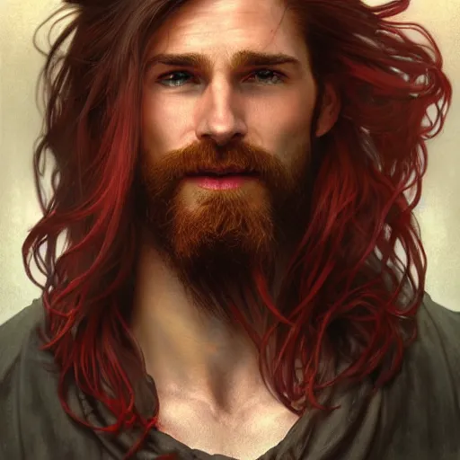 Image similar to portrait of a young ruggedly handsome but joyful pirate, male, masculine, soft hair, upper body, red crimson crimson hair, long flowing hair, fantasy, wide smirk, intricate, elegant, highly detailed, digital painting, artstation, concept art, matte, sharp focus, illustration, art by artgerm and greg rutkowski and alphonse mucha