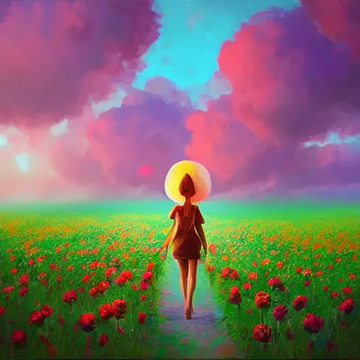 Image similar to large rose as a head, girl walking in a flower field, surreal photography, sunrise dramatic light, impressionist painting, colorful clouds, digital painting, artstation, simon stalenhag