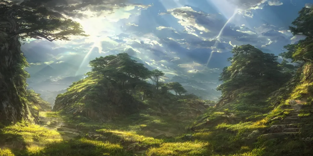 Prompt: concept art by makoto shinkai, xianxia, ancient zhou dynasty, street view from mountain, crepuscular rays, epic scene, hyper realistic, photo realistic, overgrowth, cinematic atmosphere, ethereal lighting