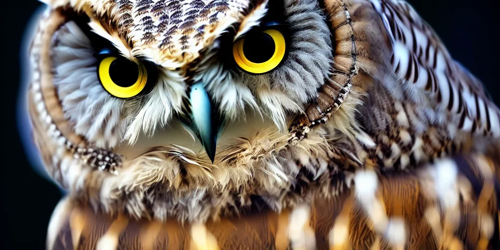 Image similar to An owl with fluffy fur holding a sword, moonlight, natural light, Cinematic level shot, dynamic pose, award winning photograph, photorealism, beautiful lighting, sharp, details, hyper-detailed, HDR, 8K