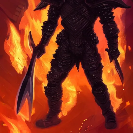 Image similar to a man in black-crystal armor surrounded by flames wielding a battle-axe made of black crystals. ,D&D, sci-fi, elegant, hopeful, muscular, highly detailed, digital painting, artstation, concept art, smooth, sharp focus, illustration