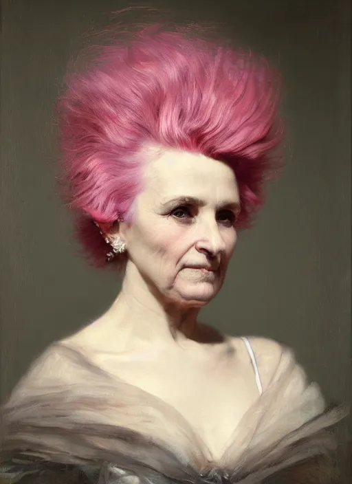 Prompt: a detailed portrait of granny with a mohawk by edouard bisson, pink hair, punk rock, looking at the camera, oil painting, muted colours, soft lighting