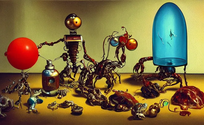 Image similar to strange fragile robot body, disturbing colorful oil painting dutch golden age vanitas still life sparse composition with bizarre objects strange gooey transparent surfaces shiny metal reflections bizarre mutant meat insects rachel ruysch dali todd schorr very detailed perfect composition rule of thirds masterpiece canon 5 0 mm, cinematic lighting, photography, retro, film, kodachrome