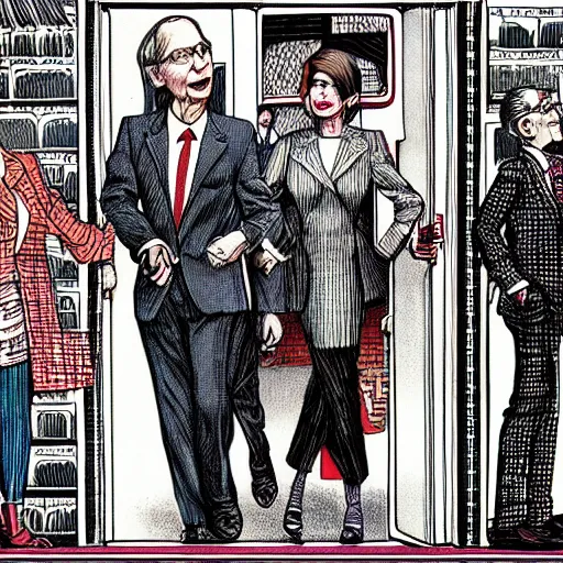 Image similar to The Artwork of R. Crumb and his Cheap Suit Mitch McConnell and Nancy Pelosi, pencil and colored marker artwork, trailer-trash lifestyle