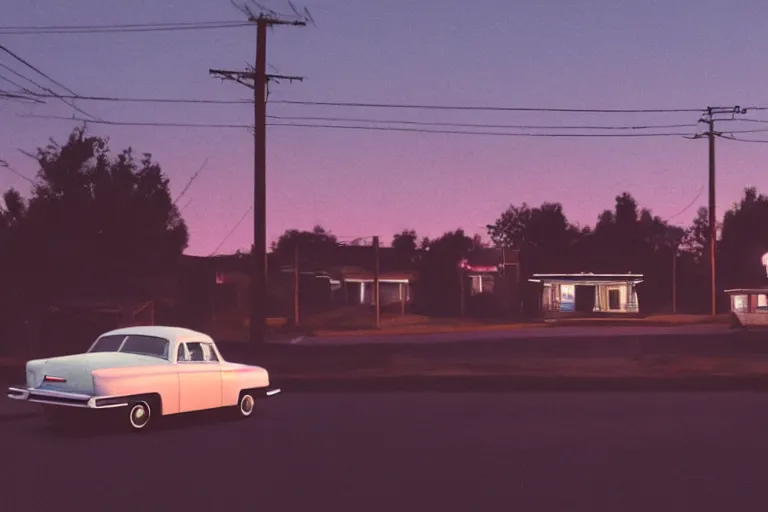 Prompt: a detailed cinematic render of a utopian 1 9 5 0 s american suburbs at sunset by steven outram, classic cars, photoreal, 4 k, photography by todd hido